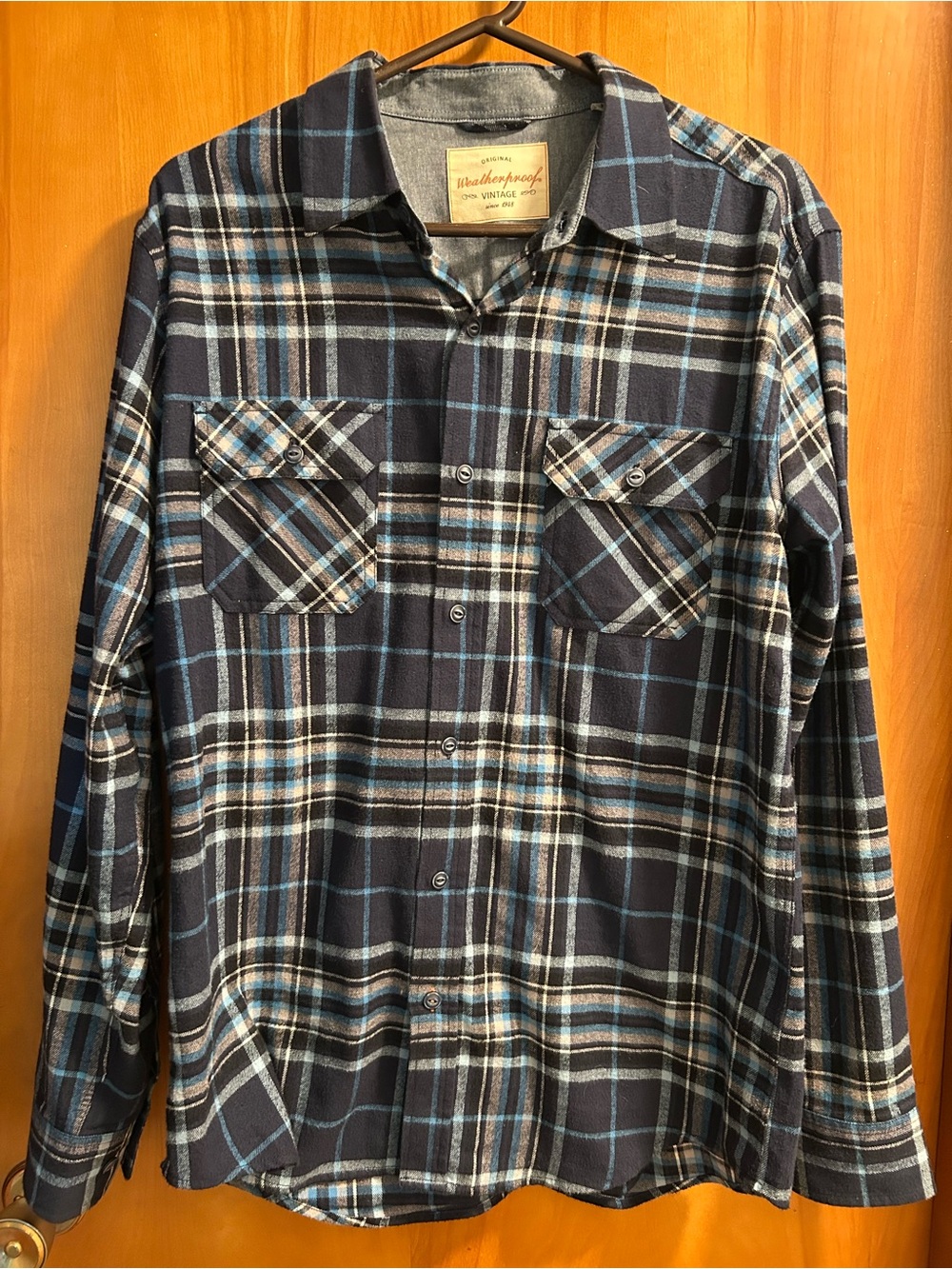 Men's Weatherproof Vintage Navy Blue Flannels Plaid Button-Up Shirt